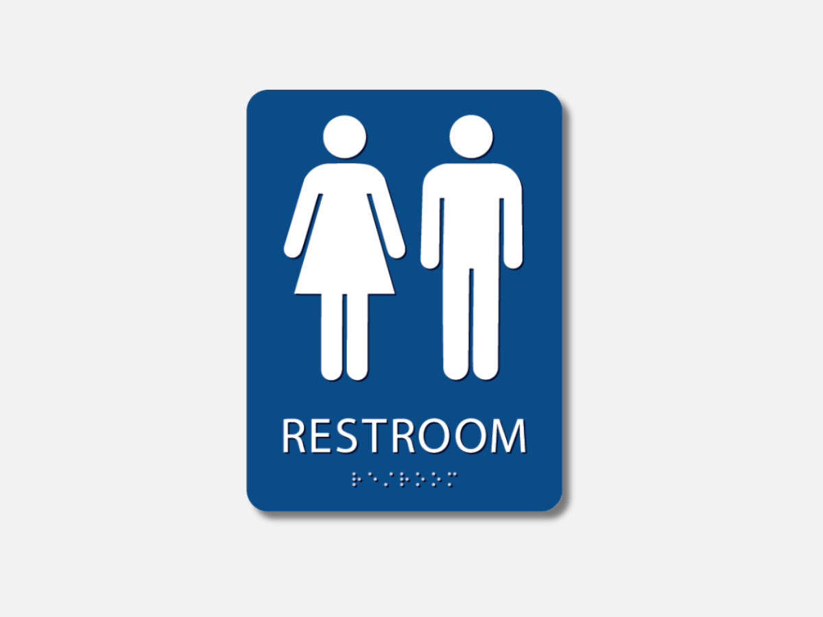ADA restroom sign in blue with braille