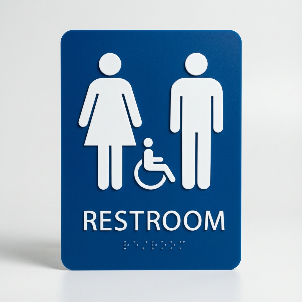 ADA restroom sign in blue with braille