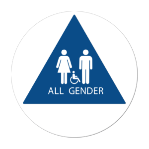 All Gender Bathroom Door Sign — CA Title 24 geometric symbol, handicap-accessible (ISA symbol), blue, 12″ × 12″