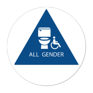 All Gender Bathroom Door Sign, Toilet Symbol — CA Title 24 geometric symbol, handicap-accessible (ISA symbol), blue, 12″ × 12″