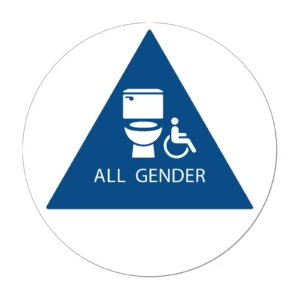 All Gender Bathroom Door Sign, Toilet Symbol — CA Title 24 geometric symbol, handicap-accessible (ISA symbol), blue, 12″ × 12″
