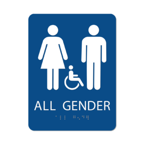 All Gender Restroom ADA Braille sign — handicap-accessible, blue, 8″ × 6″