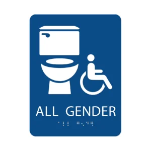 All Gender Restroom ADA Braille sign — standard, blue, 8″ × 6″