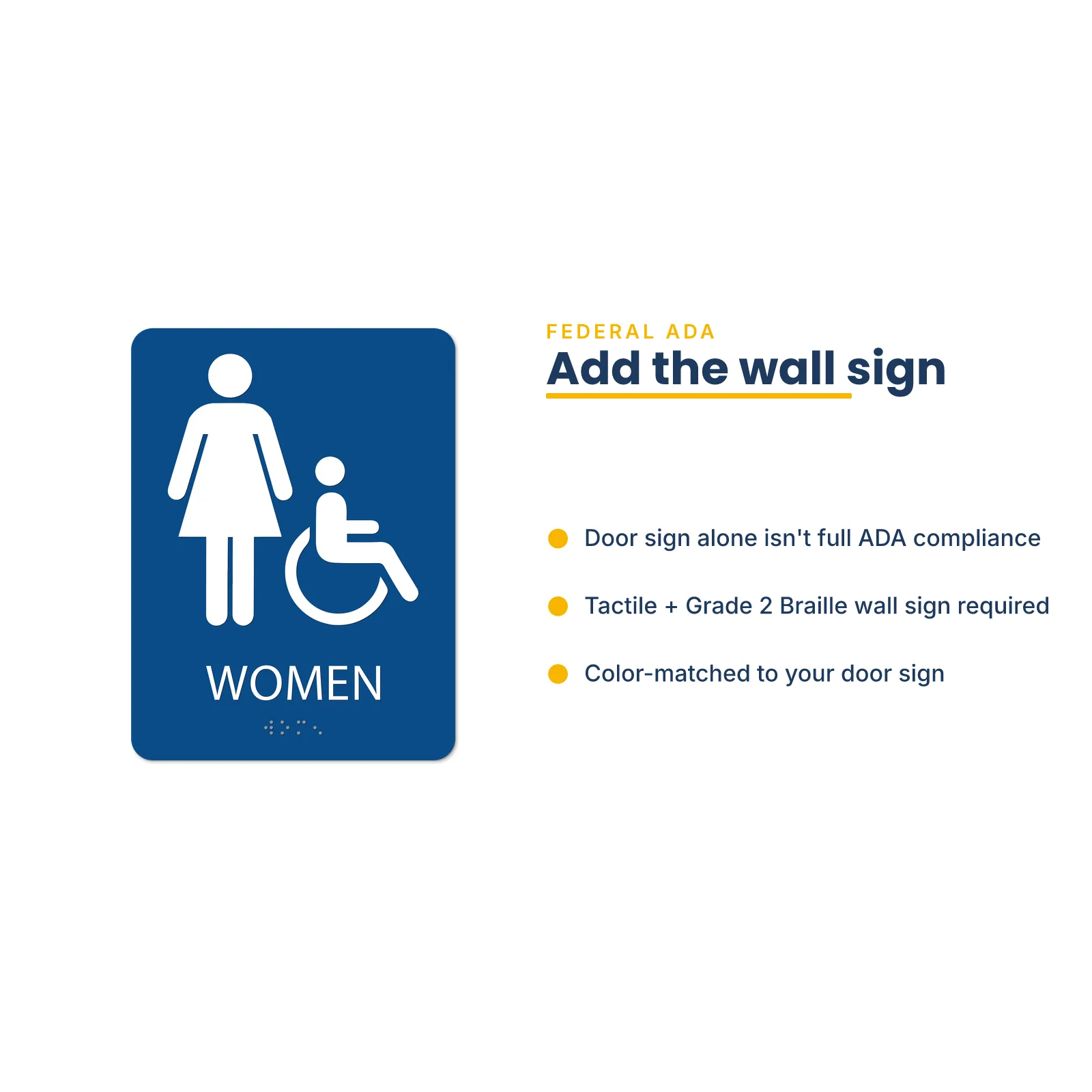Womens Bathroom Door Sign (Blank) pairs with the tactile Grade 2 Braille wall sign for full ADA compliance