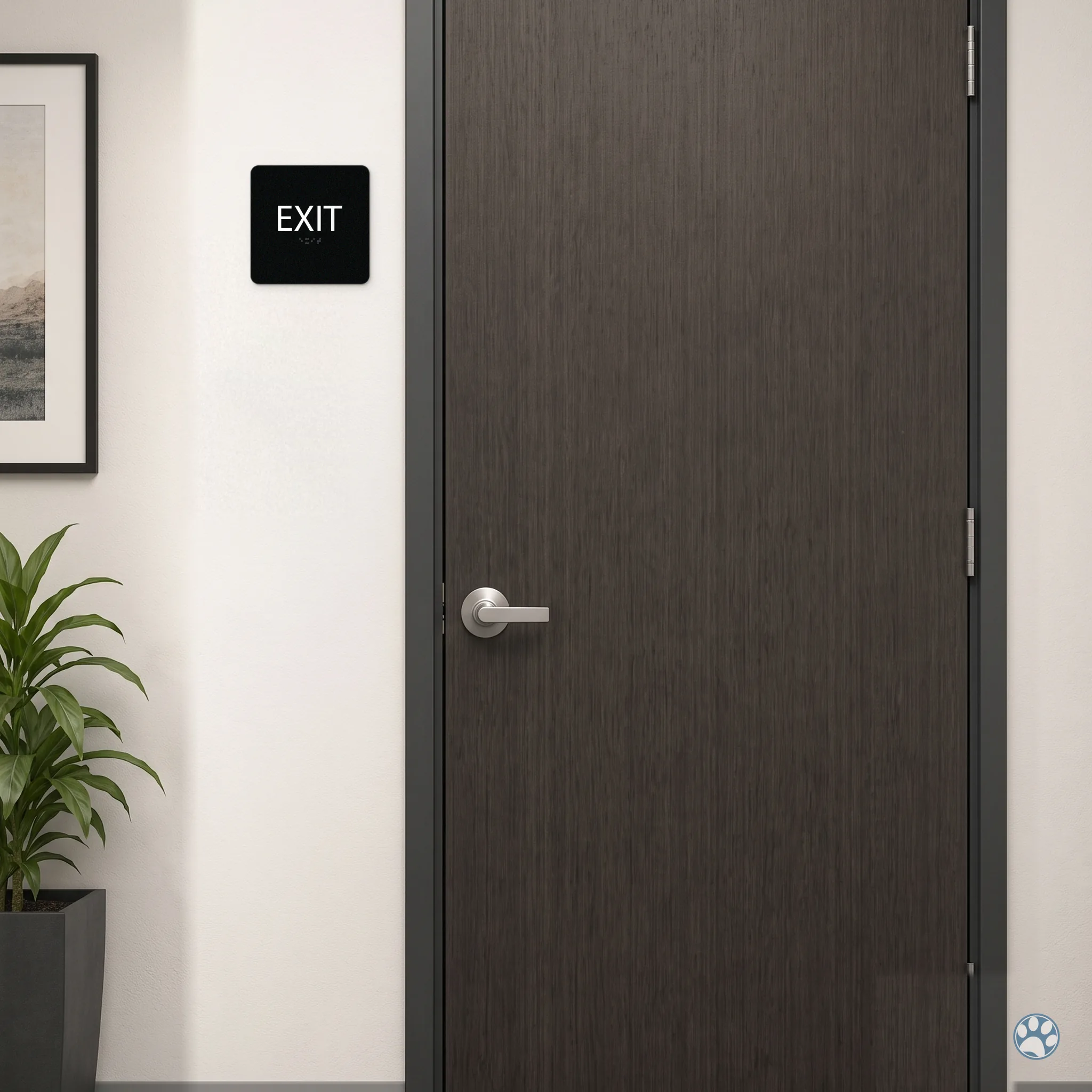 Black ADA Braille EXIT sign mounted on the wall at the latch side of a dark wood door