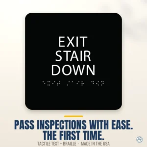 Exit Stair Down Sign - ADA Braille, 6" x 6" — black — hero