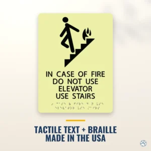 In Case of Fire Sign, Photoluminescent, Glow in the Dark with Braille