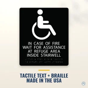 In Case of Fire Wait Sign - ADA Braille, 11" x 13" — black — hero